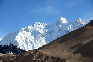 18 Gasherbrum II E, Gasherbrum II, Gasherbrum III North Faces late Afternoon From Gasherbrum North Base Camp 4294m in China